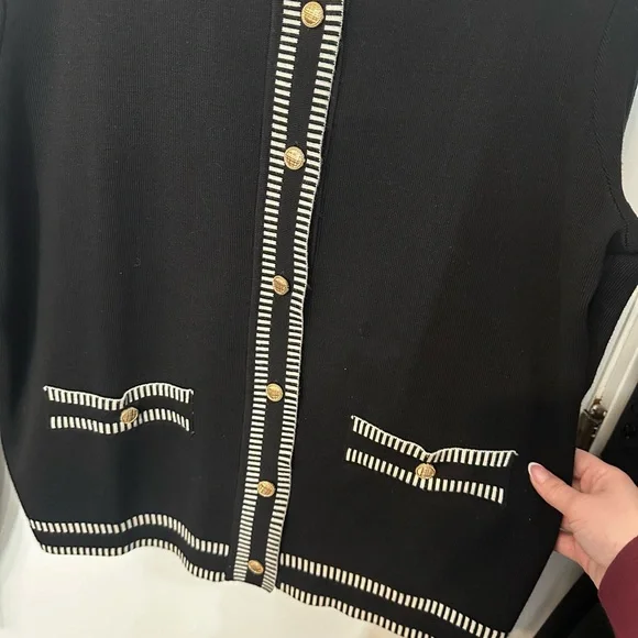 Adrianna Papell Black Cardigan with White Trim and Gold Buttons - Picture 4 of 5